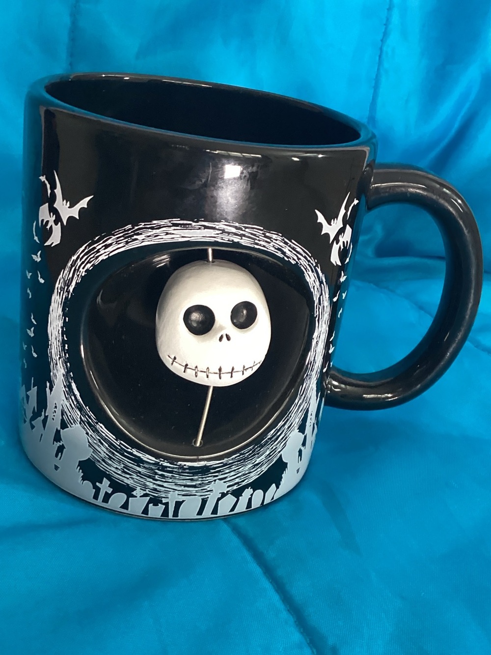 Black Halloween Ceramic Mug with Jack Skellington Stirrer